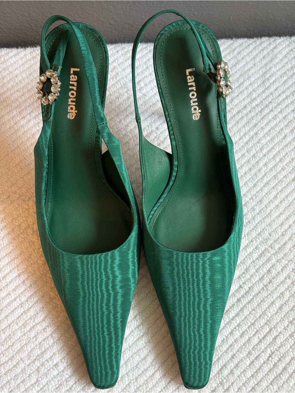 Larroude Carine Emerald Green Slingback Pumps with Crystal Buckle Size 6 New